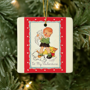 Victoriaans Valentijnsdag jongen, katten en honde Keramisch Ornament