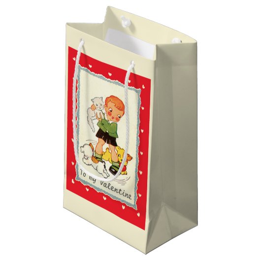  Victoriaans Valentijnsdag jongen, katten en honde Klein Cadeauzakje (Voorkant Gekanteld)