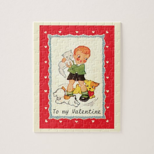 Victoriaans Valentijnsdag jongen, katten en honde Legpuzzel (Verticaal)