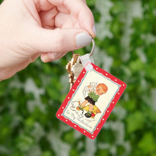  Victoriaans Valentijnsdag jongen, katten en honde Sleutelhanger (Hand)