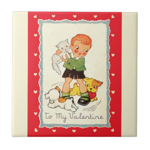  Victoriaans Valentijnsdag jongen, katten en honde Tegeltje