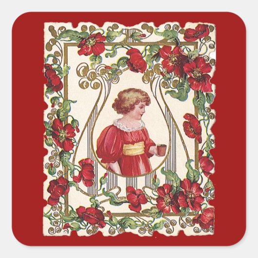  Victoriaans Valentijnsdag Kind met Rozen Vierkante Sticker (Voorkant)