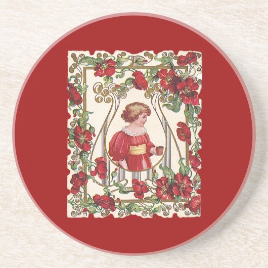 Victoriaans Valentijnsdag Kind met Rozen Zandsteen Onderzetter (Voorkant)