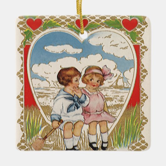  Victoriaans Valentijnsdag Kinderen in het hart Keramisch Ornament (Voorkant)