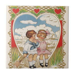  Victoriaans Valentijnsdag Kinderen in het hart Tegeltje