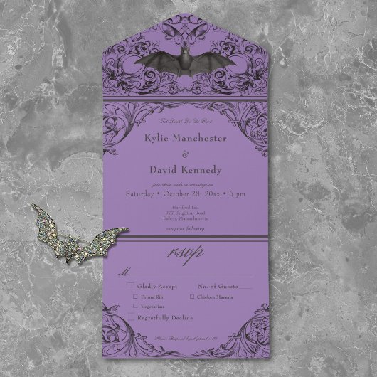 Victoriaans vleermuis tot de dood Zwart Paarse Din All In One Uitnodiging