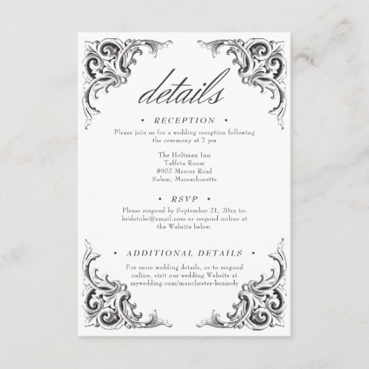 Victoriaans vleermuis tot de dood zwart wit bruilo informatiekaartje (Voorkant)