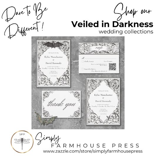 Victoriaans vleermuis tot de dood zwart wit bruilo informatiekaartje