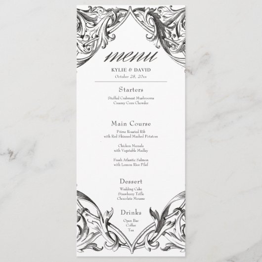 Victoriaans vleermuis tot de dood zwart-wit bruilo menu (Voorkant)