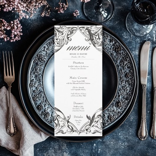 Victoriaans vleermuis tot de dood zwart-wit bruilo menu