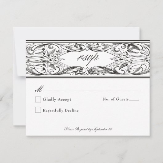 Victoriaans vleermuis tot de dood zwart-wit bruilo RSVP kaartje (Voorkant)