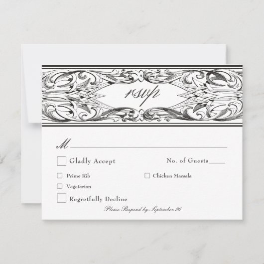 Victoriaans vleermuis tot de dood zwart-wit bruilo RSVP kaartje (Voorkant)