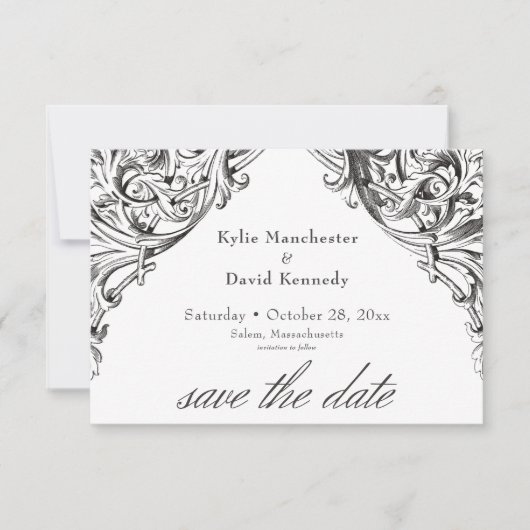 Victoriaans vleermuis tot de dood zwart-wit bruilo save the date (Voorkant)