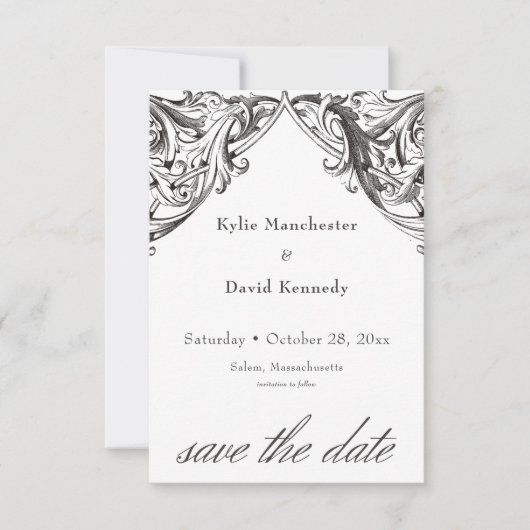 Victoriaans vleermuis tot de dood zwart wit bruilo save the date (Voorkant)