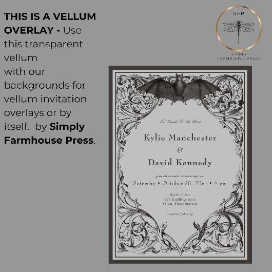 Victoriaans vleermuis tot de dood zwart-wit bruilo vellum uitnodigingen