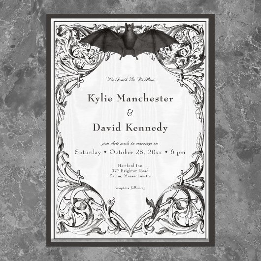 Victoriaans vleermuis tot de dood zwart-wit bruilo vellum uitnodigingen