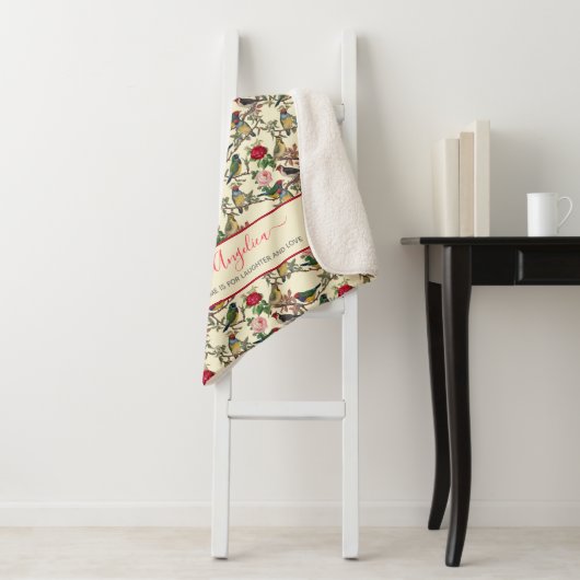 Victoriaans vogels en Rozen  stijl Rood crème Sherpa Deken (In situ)