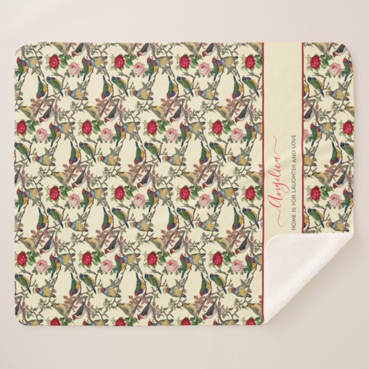 Victoriaans vogels en Rozen  stijl Rood crème Sherpa Deken (Voorkant (horizontaal))
