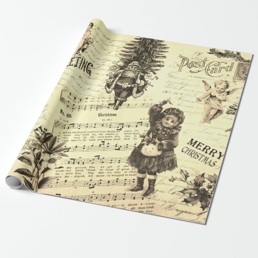  Victoriaans Vrolijk Kerstfeest Sepia Beige Cadeaupapier (Uitgerold)
