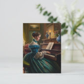 Victoriaans vrouw die piano speelt briefkaart (Staand voorkant)