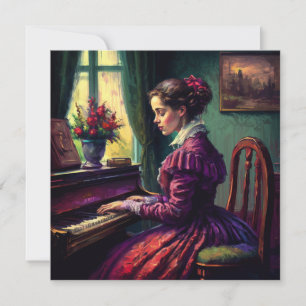 Victoriaans vrouw die piano speelt, oliefilter bedankkaart