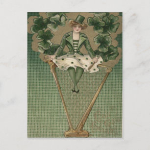 Victoriaans Vrouw Harp Shamrock Groene Top Hat Briefkaart