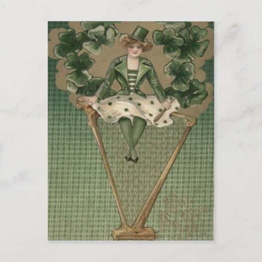 Victoriaans Vrouw Harp Shamrock Groene Top Hat Briefkaart (Voorkant)