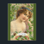 Victoriaans vrouw in de tuin feestdagenkaart<br><div class="desc">Dit ontwerp is een mix van Victoriaans met een whimsy met een vrouw in de tuin omgeven door het kweken van dingen. Het is echt een collage omdat er flauwte velmuziek en vers zijn. Zet om het even welk bericht op de banner.</div>