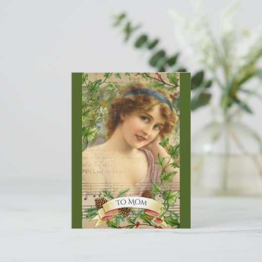 Victoriaans vrouw in de tuin feestdagenkaart (Staand voorkant)