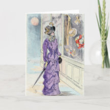 Victoriaans vrouw in  Paarse jurk winkelen