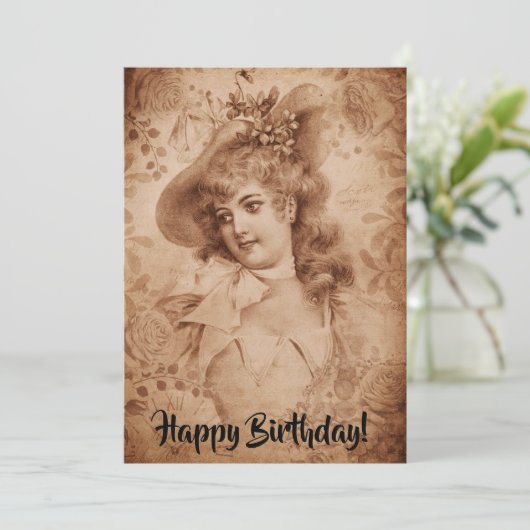 Victoriaans vrouw in Pet Flowers Sepia Monochrome Kaart (Staand voorkant)
