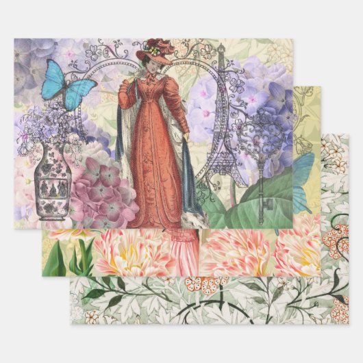 Victoriaans vrouw in rode kleurrijke Mode Inpakpapier Vel (Set)