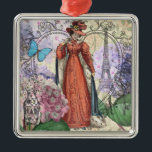 Victoriaans vrouw in rode kleurrijke Mode Metalen Ornament<br><div class="desc">Een lieve Victoriaans vrouw in het rood is het belangrijkste afbeelding in deze grillige en prachtige sprookjescollage,  met bloemen,  een vlinder en veel prachtige kleuren!</div>