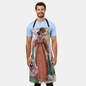 Victoriaans vrouw in rode kleurrijke Mode Schort (Gedragen)