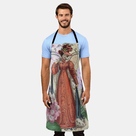 Victoriaans vrouw in rode kleurrijke Mode Schort (Gedragen)