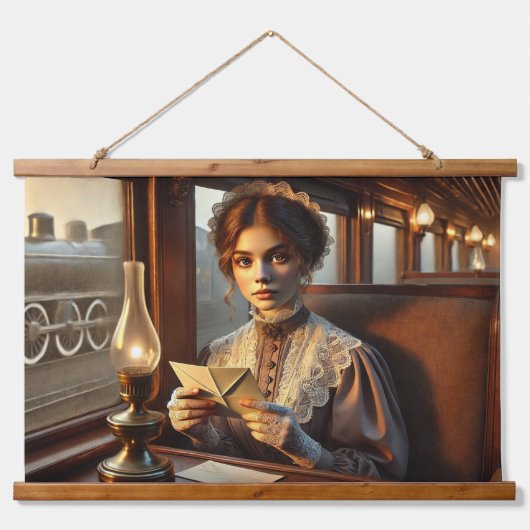 Victoriaans vrouw leest een brief in de trein hangend wandkleed (Voorkant)