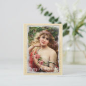 Victoriaans vrouw met roze rozen Moederdag Feestdagenkaart (Staand voorkant)