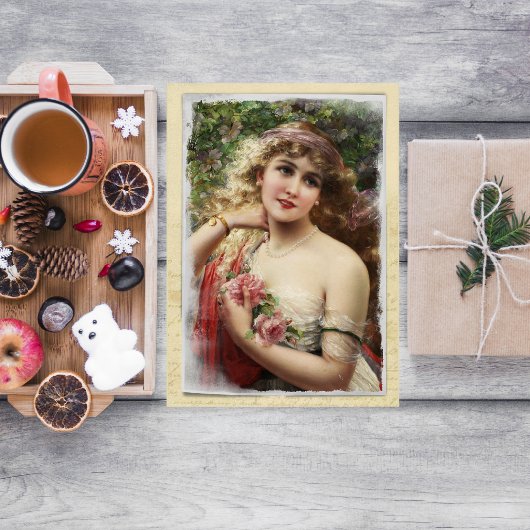 Victoriaans vrouw met roze rozenkaart