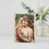 Victoriaans vrouw met roze rozenrozen Briefkaart (Staand voorkant)