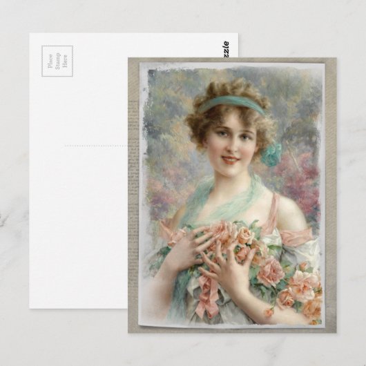 Victoriaans vrouw met Rozen op Briefkaart Waterver (Voorkant / Achterkant)