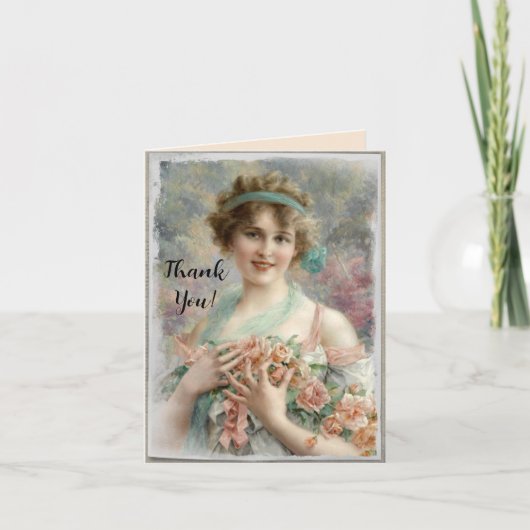 Victoriaans vrouw met Rozen op Waterverf achtergro Bedankkaart (Voorkant)