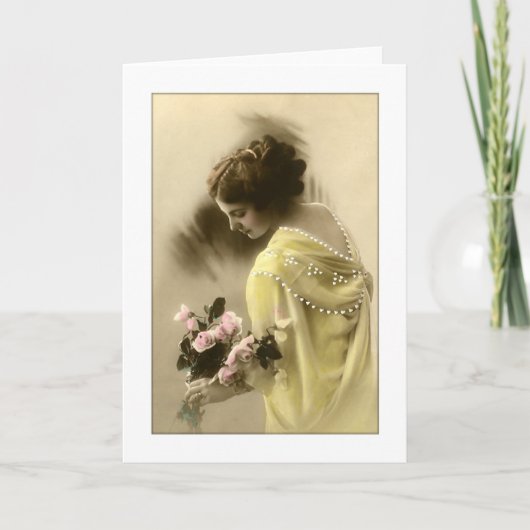 Victoriaans vrouw roze rozen, romantisch kaart (Voorkant)