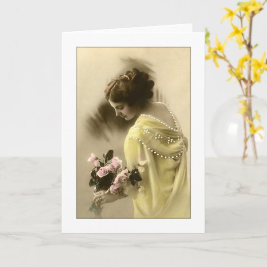 Victoriaans vrouw roze rozen, romantisch kaart (Gele Bloem)