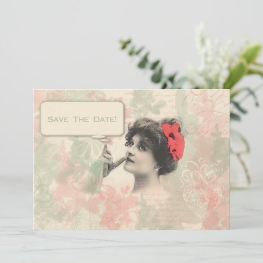 Victoriaans vrouw slaat de datum op save the date (Staand voorkant)
