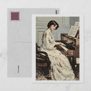 Victoriaans Vrouw Witte Jurk Piano Muziek  Briefkaart
