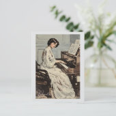 Victoriaans Vrouw Witte Jurk Piano Muziek Briefkaart (Staand voorkant)