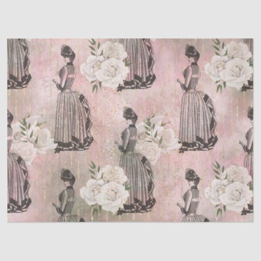 Victoriaans vrouwen en Rozen op de roze ontkoppeli Tissuepapier (Voorkant)
