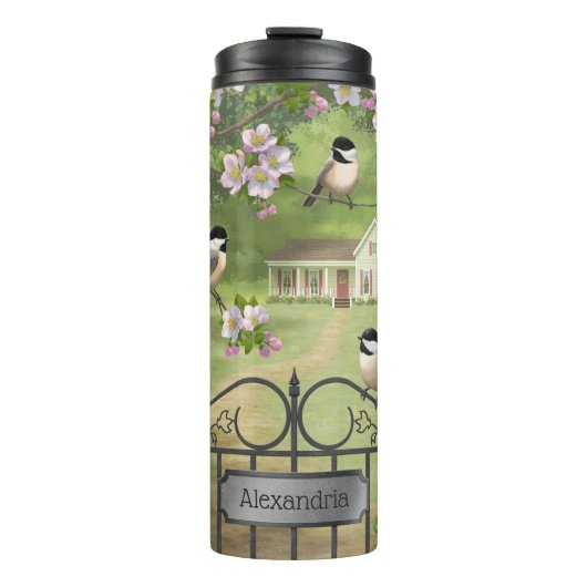 Victoriaans waterhouse Chickadees Flowers Thermosbeker (Voorkant)