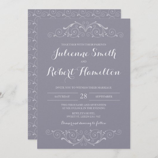 Victoriaans Wervelingen  Grijs Huwelijksuitnodigin Kaart (Voorkant / Achterkant)