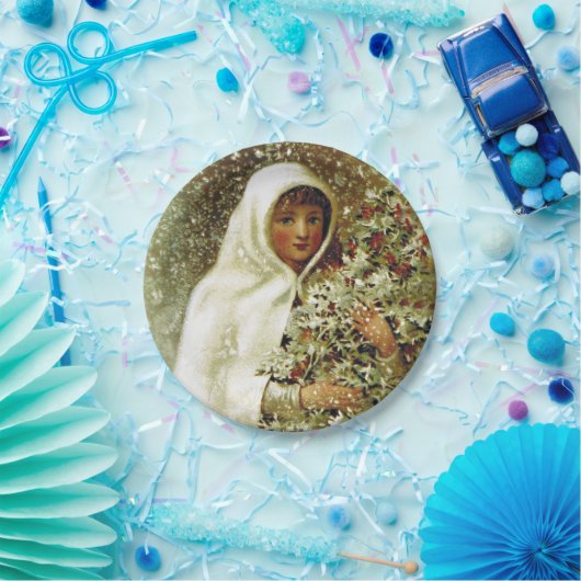 Victoriaans wintermeisje hulsttakken sneeuw papieren bordje (Feest)